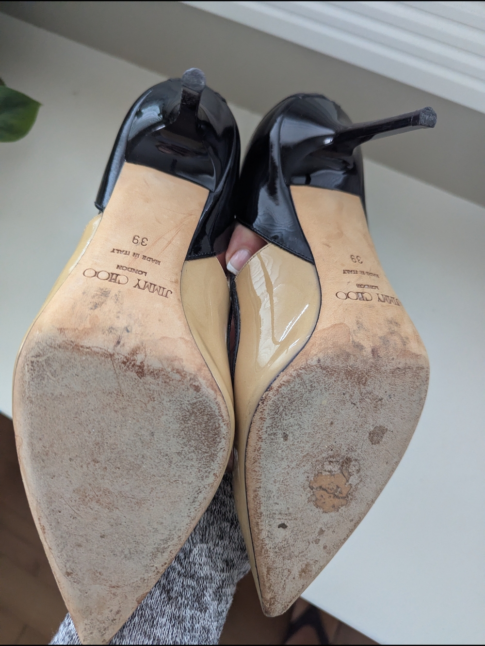 Jimmy Choo Black and Beige Patent Pointed-Toe Stiletto Pumps - Picture 3 of 5